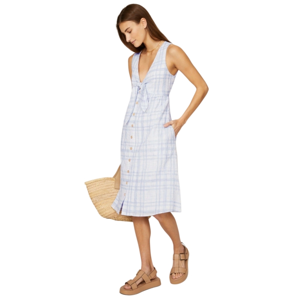 Love, Whit By Whitney Port Blue Plaid Tie Front Dress Pockets Women's Size Small